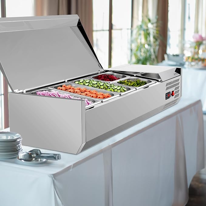 ROVSUN 47" Refrigerated Condiment Prep Station Sandwich Prep Table ETL NSF, 25.1QT Salad Bar Prep Rail w/Auto Defrost Temp Control Stainless Steel Cover 3 1/3 Pan & 2 1/4 Pan for Restaurant Food Truck