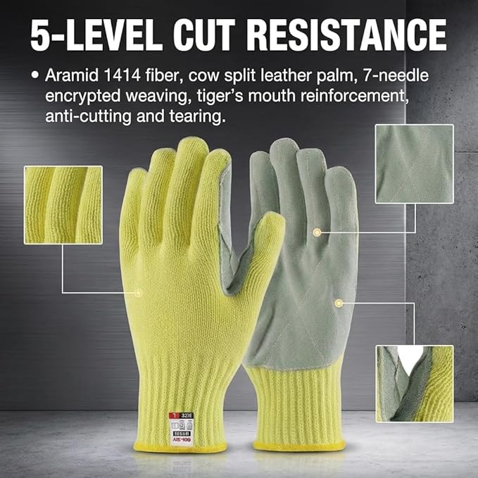 Heat Cut Resistant Gloves,Aramid leather Oven Gloves with Fingers,Heat Resistant Up to 550°F, Thick Knit Design- Grill Mitts for Men & Women(Aramid leather, Large)