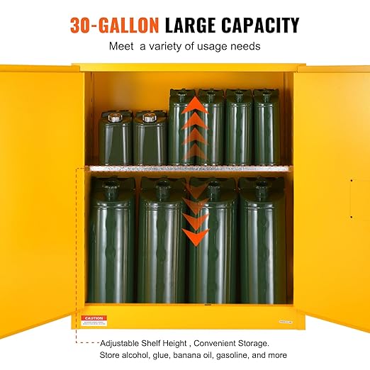 VEVOR Flammable Cabinet 18" x 43" x 50", Cold-Rolled Steel Flammable Liquid Storage Cabinet 34 Gal with 2 Adjustable Shelves/2 Manual Closing Doors for Industrial Use, Yellow