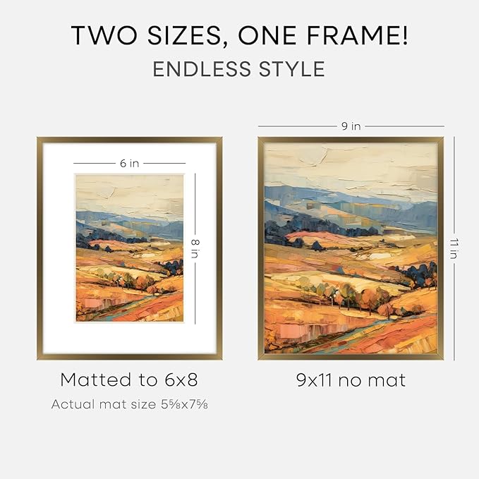 Homeforia 9x11 Frame Bronze, High End Metal 9 x 11 Brass Picture Frames with Mat for 6 by 8 in Photo, 9by11 Poster Frame Matted to 6x8, 11x9 Wall or Tabletop Frames, Tempered Glass, Wall Kit, Set of 1