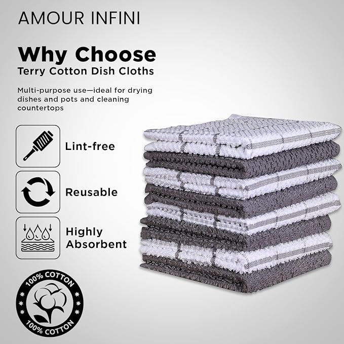 AMOUR INFINI Cotton Kitchen Dish Cloths Set of 8 – Highly Absorbent, Super Soft - Image 3
