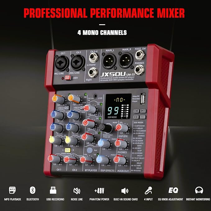 6-Channel Audio Mixer, DJ Controller Sound Board Console with 99 DSP Effects, Bluetooth Mixer Input 48V Phantom Power Stereo USB XLR Mixer For Karaoke Studio PC Recording