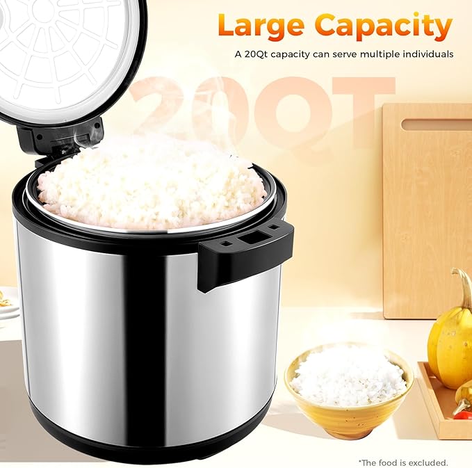 Commercial Rice Warmer, 100 Cup Electric Heavy Duty Food Warmer with Rice Spoon and Hinged Cover, Adjustable Temperature, with Warm Function for Restaurant, Catering, Party, Non-stick Inner Pot