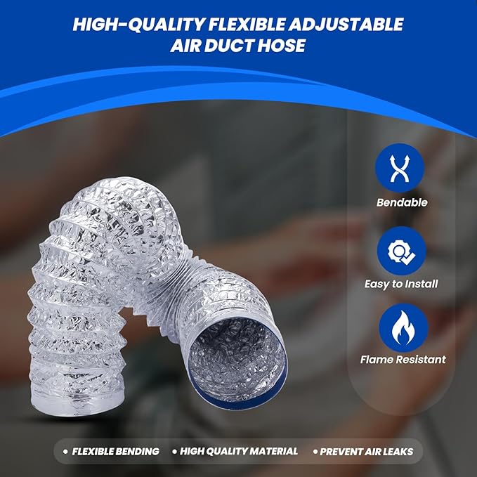 Dryer Vent Hose 4 Inch x 8FT - Flexible Aluminum Dryer Hose with 2 Clamps - Heavy-Duty 6-Layer Dryer Vent Hose for Tight Spaces, HVAC, Bathroom, and Kitchen Exhaust Ventilation