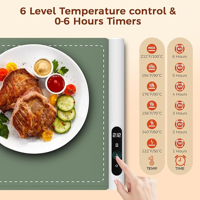 Graphene Warming Mat for Food - Fast Full Surface Heating Electric Warming Tray, Portable Food Warmer for Parties Buffet with 6 Temperature and Timer Settings, Gifts for Mom Wife, Green