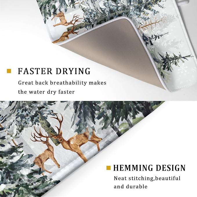 Pine Tree Dish Drying Mat for Kitchen Counter 18x24 Inch Forest Deer Absorbent - Image 3