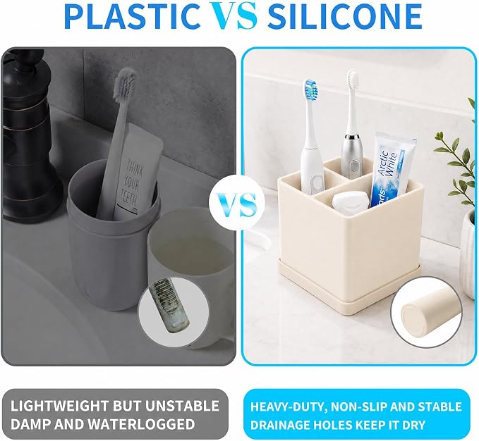 Silicone Toothbrush Holders for Bathrooms Beige, 3-Slot Electric Toothbrush - Image 6