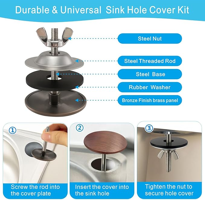 2-Inch Sink Hole Cover, Solid Brass Faucet Hole Cover, Sink Sprayer Hole Cover for Home Kitchen and Bathroom, Sink Hole Cap (Bronze)