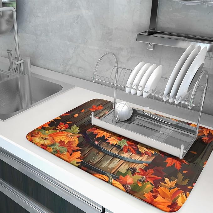 Fall Pumpkin Dish Drying Mat for Kitchen Counter 18x24 Inch Autumn Maple Leaves - Image 5