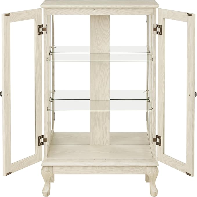 43" H Lighted Curio Cabinet Display Case, Glass Curio Cabinet with Adjustable Shelves & Tempered Glass Door, Wooden Cabinets with Mirrored Back Pane for Living Room (Antique White)