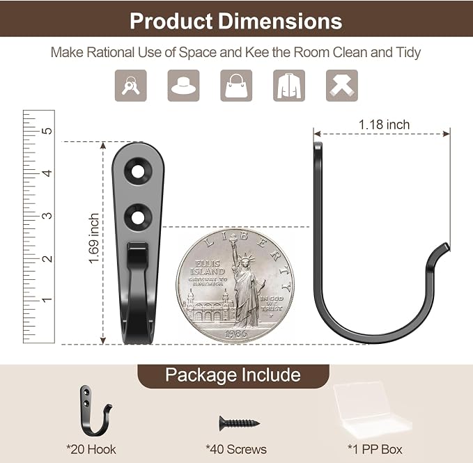 BREYDROK 20Pack Towel Hooks for Bathroom, Heavy Duty Black Metal Wall Hooks | - Image 3