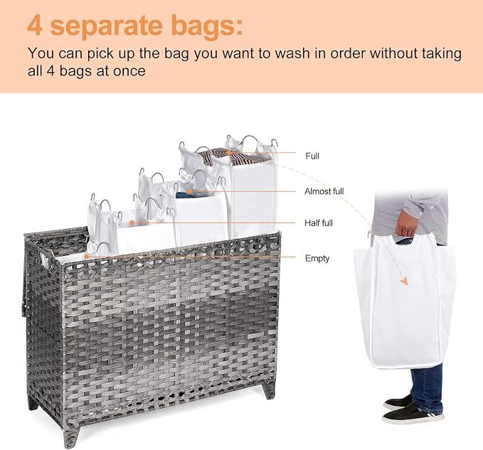 Laundry Hamper with 4 Removable Liner Bags, 176L Laundry Sorter with Lid - Image 3