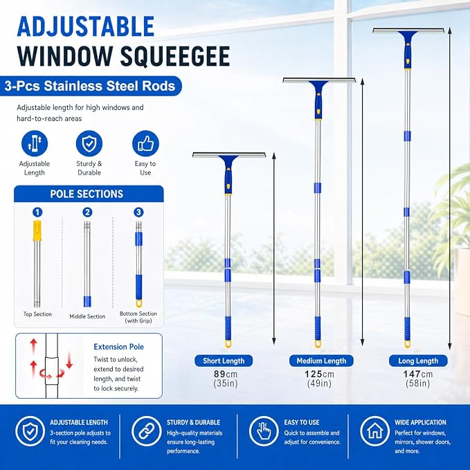Window Squeegee with Extension Pole, Separate 12" Squeegee & 11" Microfiber - Image 3