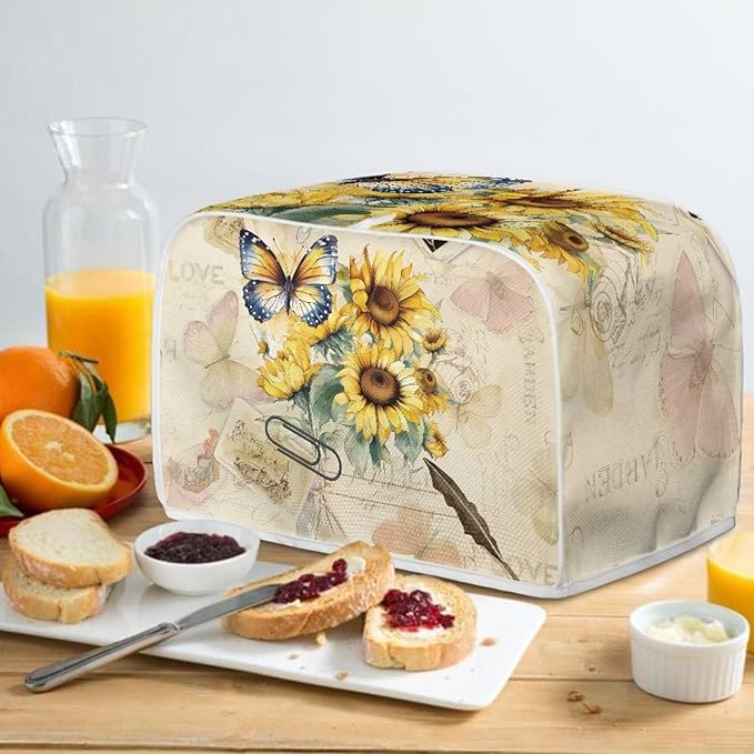 Vintage Butterfly Sunflower 4 Slice Toaster Cover - Bread Machine Dust Cover Protection, Stain Resistant with Handle Keep Clean