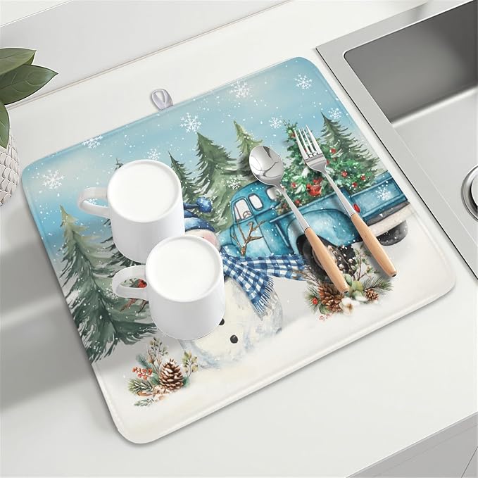 Giwawa Winter Snowman Blue Dish Drying Mat Xmas Truck Dishes Pad 16"x18" - Image 8