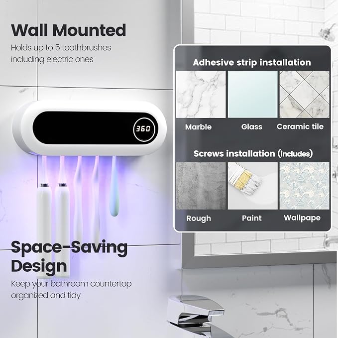 MIMORE Toothbrush Holder Wall Mounted, 5 Slots, 6-Minute Timer | Toothbrush - Image 5