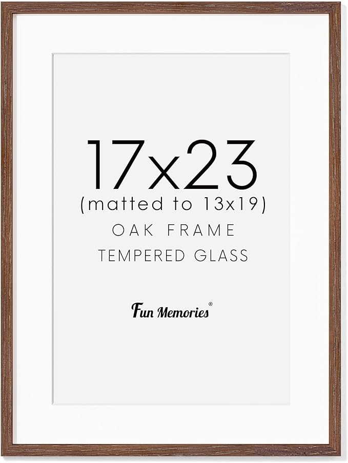 Fun Memories 17x23 Picture Frame, Solid Oak Wood Poster Frame, Photo Frame for Wall 17x23 Matted to 13x19, Tempered Real Glass, Photo Frame for Vertical or Horizontal Hanging, (Walnut Color, 1 Pack)