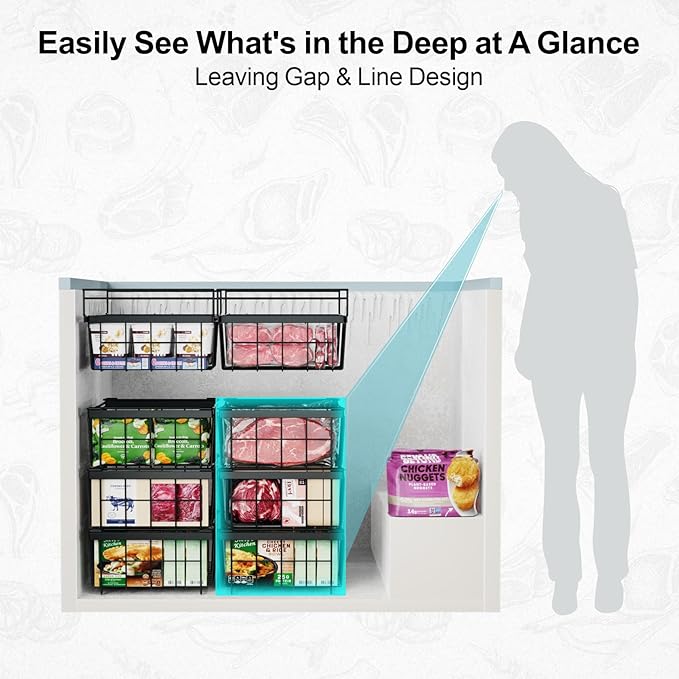 iSPECLE Freezer Organizer Bins for 10 to 20 Cu.Ft, 2 Pack Expandable Hanging Baskets Fit 17.5"-22.6" Width, Metal Wire Storage Racks for Deep Freeze, Not for Upright, Black