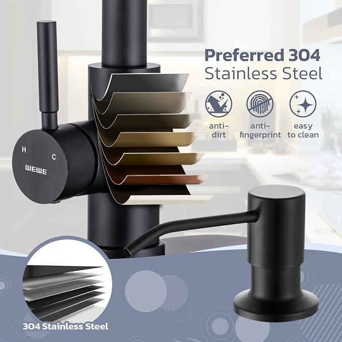 WEWE Kitchen Faucet with Soap Dispenser, 3-Mode Sprayer, Matte Black | - Image 4