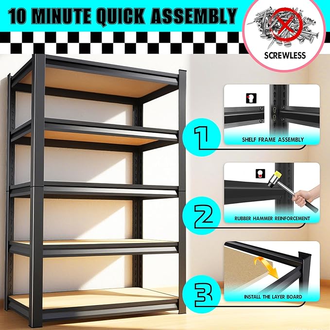 Garage Shelving 5-Tier Adjustable Metal Garage Shelves Heavy Duty Unit,3000 LBS Steel Shelf Storage Rack Suitable for Industries,Warehouses,Basement,Black(Wood-72'H x 45.7''W x 19.7''D)