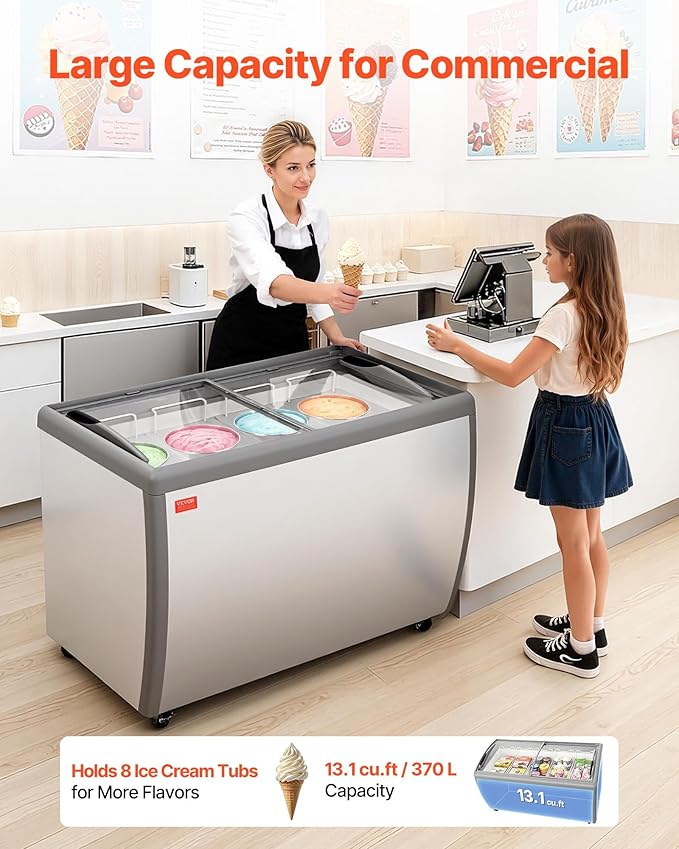 VEVOR Commercial Ice Cream Display Case, 13.1 Cu.ft Chest Freezer, Restaurant Gelato Dipping Cabinet Top Deep Freezer with Locking Casters, Sliding Glass Door, LED Lighting, Hold 8 Ice Cream Tubs