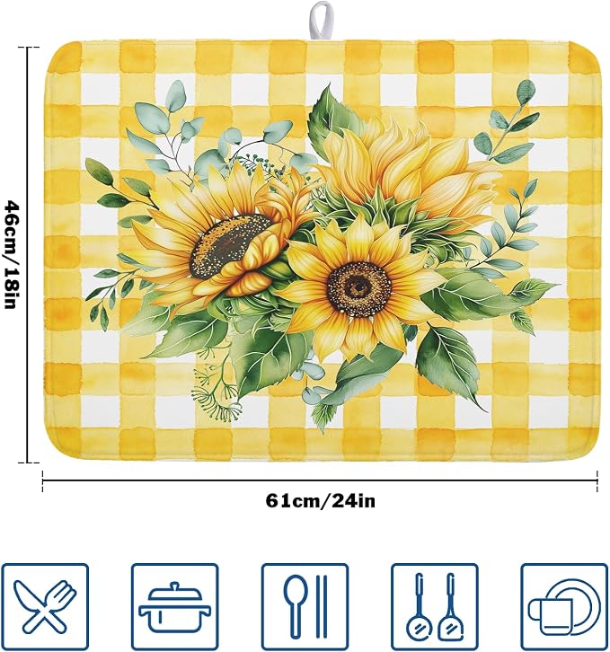 Sunflower Dish Drying Mat 18x24 Inch Absorbent Reversible Summer Sunflower - Image 2