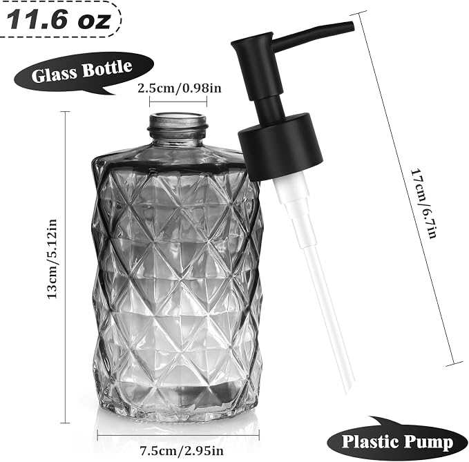 Glass Soap Dispenser with Plastic Pump, 1 Pack 11oz Gradient Diamond Design - Image 2