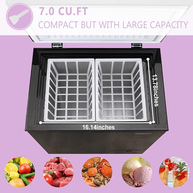 Compact Chest Freezer with Removable Basket, 7.0 Cu.ft Top Door Open Freestanding Deep Freezer with 7 Gears Temperature Adjustment, Ideal for Home, Kitchen & Office, Black