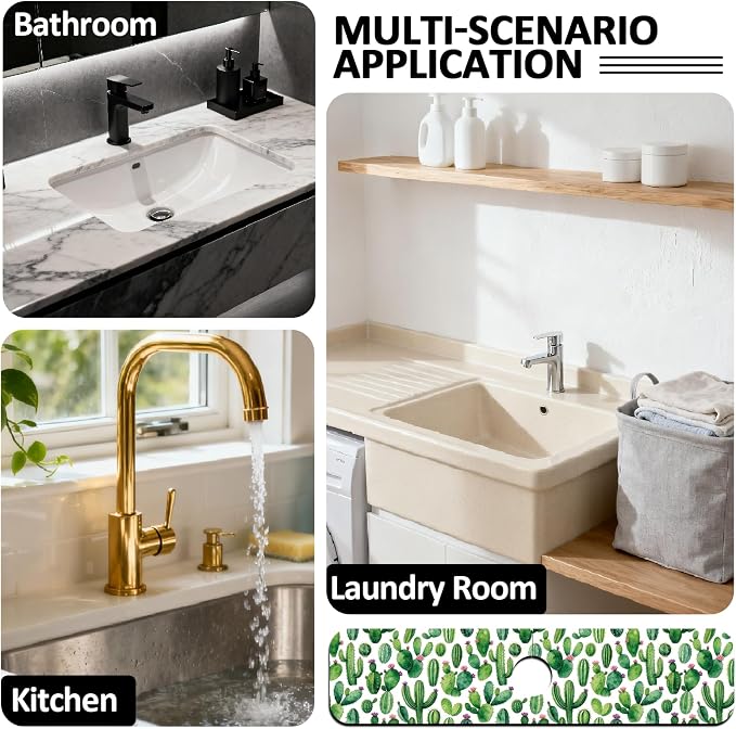 2Pcs Cactus Pattern Kitchen Sink Splash Guard Faucet Mat Tropical Plants - Image 7