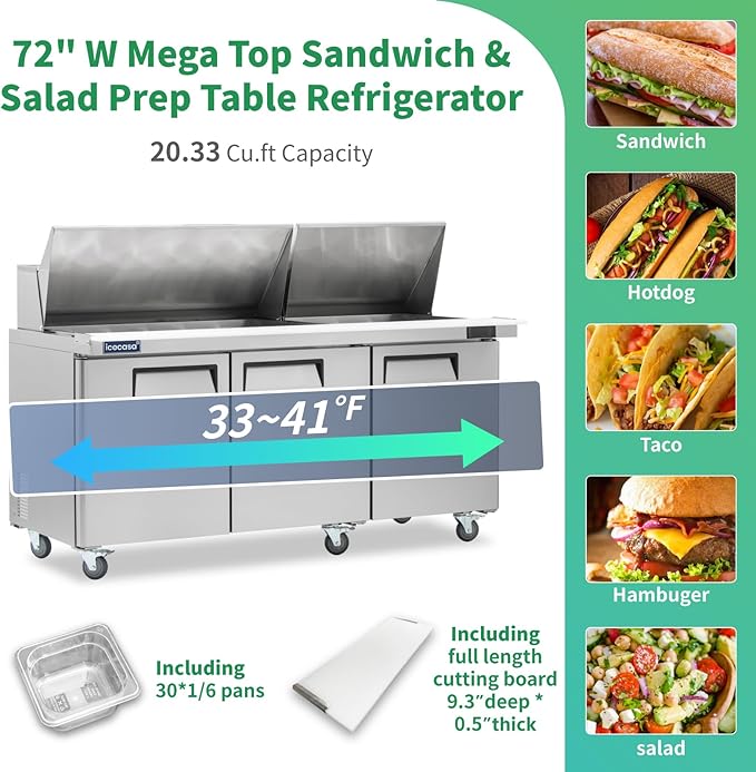 ICECASA 72" W Commercial Refrigerator Sandwich&Salad Prep Table Mega Top 3 Door Stainless Steel Counter Fan Cooling Refrigerator with 30 pans-72 Inches for Restaurant, Bar, Shop, etc
