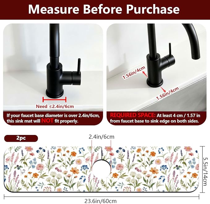 2 Pcs Kitchen Sink Splash Guard Faucet Mat Watercolor Plants Faucet Mat - Image 2