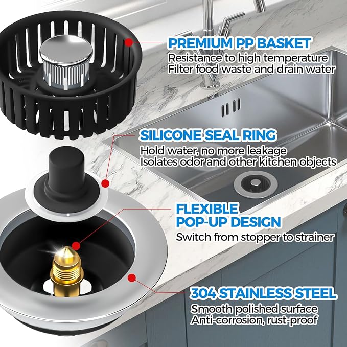 zaa 3 in 1 Kitchen Sink Drain Strainer Stopper Removable Basket Pop-Up - Image 5