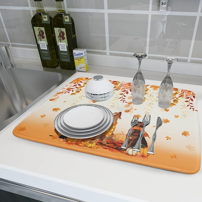 Giwawa Fall Dogs Dish Drying Mat Autumn Leaves Reusable Dishes Pad 18"x24" - Image 6