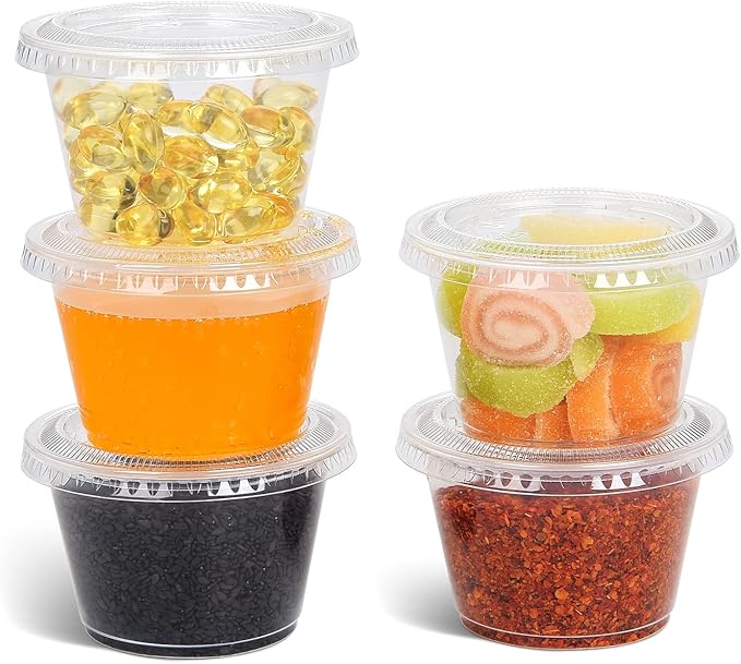 EDI [4 OZ, 100 Sets] Clear Disposable Plastic Portion Cups with Leakproof Lids for Condiment and Dipping Sauce | Jello Shot/Souffle Cups| BPA Free | Recyclable