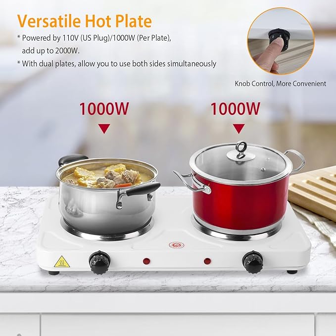 2000W Double Burner Electric, Portable Hot Plate for Cooking, Cooking Stove with 5 Temperature Adjustments, Countertop Burner Cooktop for Kitchen, Dorm (White, 17x8x3")