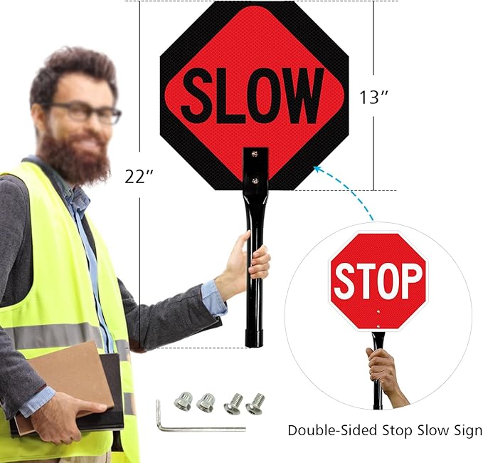 GicnKeuz Stop Slow Sign with Metal Handle, 13x13 inches Double Sided Slow/Stop sign, Traffic Reflective Aluminum Sign, Fade Resistant/Waterproof, Easy to Mount (4 Pack)