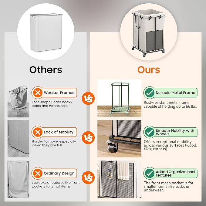 Laundry Hamper with Wheels, 150L Rolling Laundry Basket with Bag & Handles - Image 3