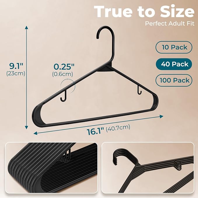HOUSE DAY Black Plastic Hangers 40 Pack, Slim Space-Saving Clothes Hangers | - Image 3