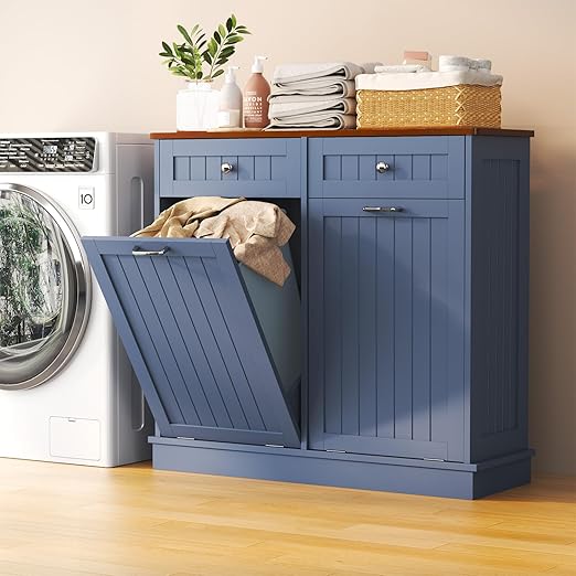 Tilt Out Trash Can Cabinet with Double Hidden Trash Bin Holder, Kitchen Free Standing Recycling Cabinet,Dog Proof Trash Can,Wood, Blue