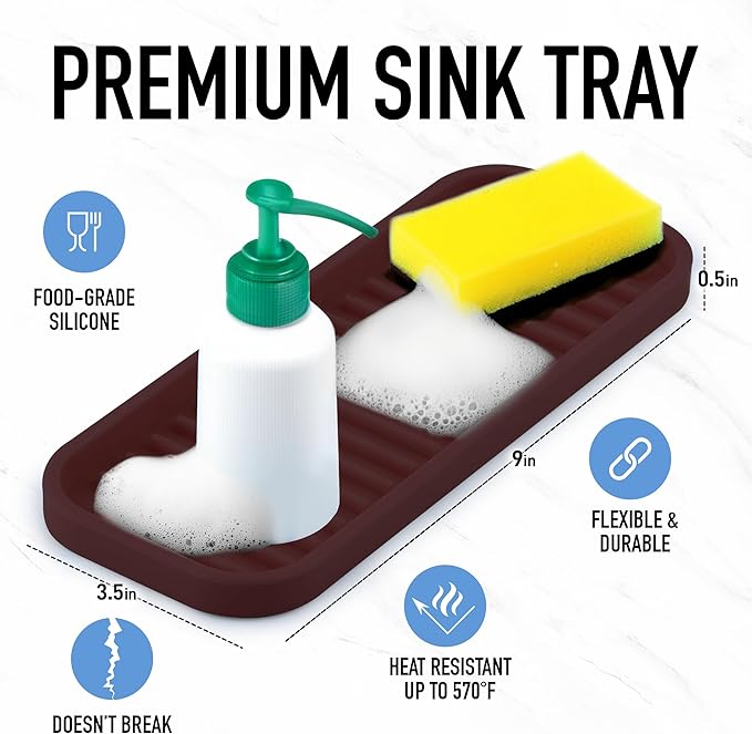 Zulay Kitchen (9x3.5) Silicone Sponge Holder for Kitchen Sink - Flexible Multipurpose Soap Tray - Sink Organizer for Kitchen, Bathroom, Makeup, Trinkets & More (Dark Mahogany)