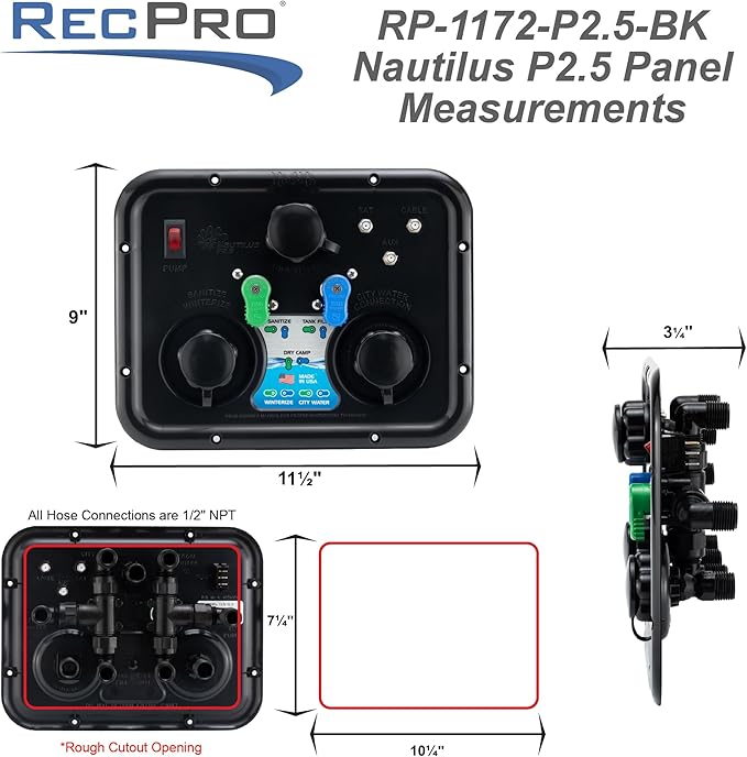 RecPro RV Water Management Panel | Nautilus P2.5 | 7-Function City-Water Fill | Made in America (Black)