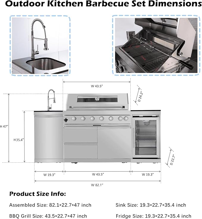 82 Inches 6-Burner 85000 BTU Natural Gas Outdoor Kitchen Island with Grill with Wine Cooler, Compact Refrigerator, Rotisserie, Granite Countertops & Storage, Silver