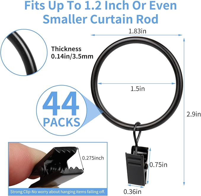 Curtain Rings with Clips, 44 Pack Metal Drapery Rings with Clips Hooks Hangers - Image 2