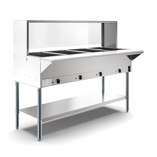 KoolMore 4-Pan Open Well Commercial Electric Stainless Steel Steam Table Food Warmer for Buffets with Sneeze Guard, Overshelf, Undershelf, Warming Control Knobs [120V] (KM-OWS-4SG), Silver