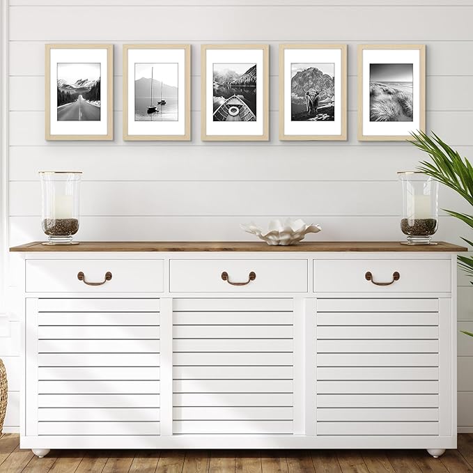 Americanflat 8x12 Picture Frame with Polished Plexiglass - Set of 5 - Use as 6x8 Frame with Mat or Display 8x12 Photo Without Mat - Galleria Collection - Picture Frames for Wall Display - Natural Oak