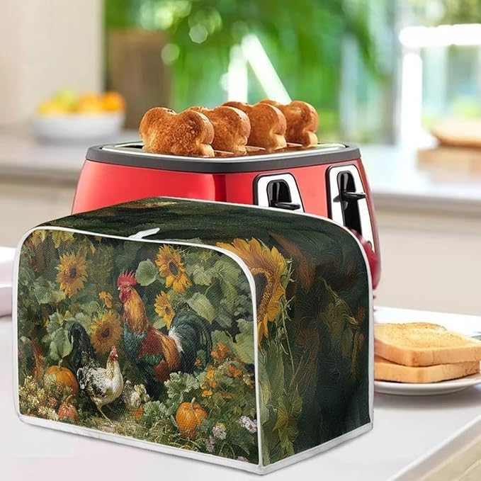 UNICEU Sunflowers Rooster Print Toaster Cover 4 Slice Stain Resistant Oil Protection Dust Cover Washable Kitchen Small Appliance Covers for Bread Maker