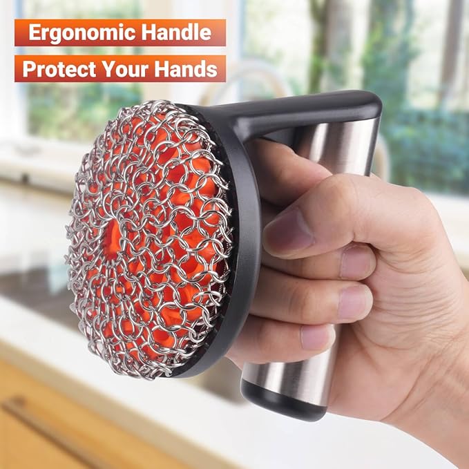 Skyflame Cast Iron Scrubber with Handle, Stainless Steel Chainmail Scrub, Skillet Cleaner/Brush for Cast Iron Pans, Griddles, Dutch Oven and Grills