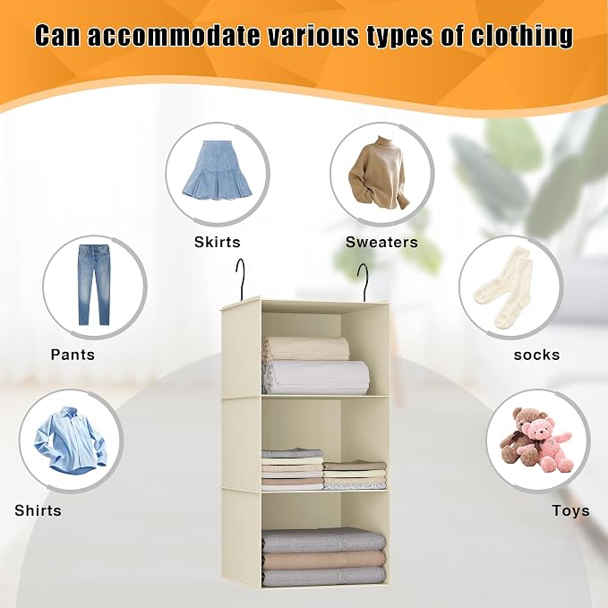 Hanging Closet Organizer 3-Shelf, Oxford Fabric Wardrobe Storage, shoes & - Image 7