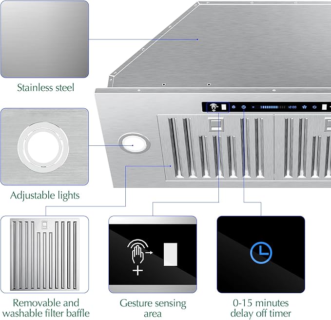 EKON NAB01-30IN Range Hood Insert, 900CFM Built-in Range Hoods Ducted/Ductless with 4-Speed Soft Touch Panel Control/Dishwasher-safe Filters, Kitchen Hoods for Over Kitchen Stove