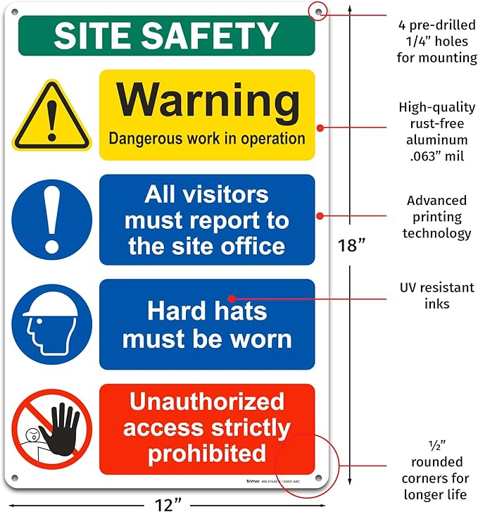 Brimar - 12" x 18" - Construction Site Safety Sign - .063″ White Rust-Free Aluminum - Bold Text - Easy Installation